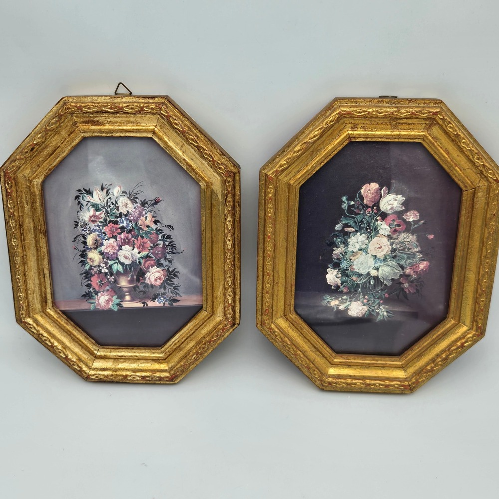 Vintage Italian Florentine Floral Prints Octagon Gilt Wood Frames Pair Wall Art